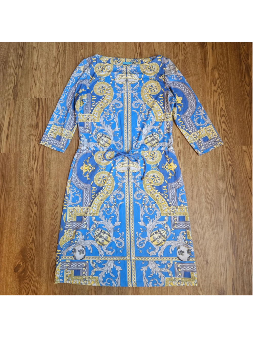 J. McLaughlin Baroque Jersey Tie Waist Blue Yellow Dress Classy Preppy Medium